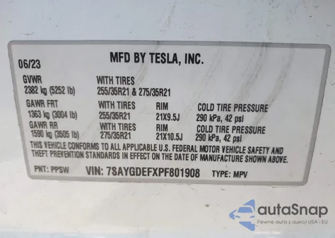 2023 Tesla Model Y z USA, uszkodzony, nr VIN 7SAYGDEFXPF801908